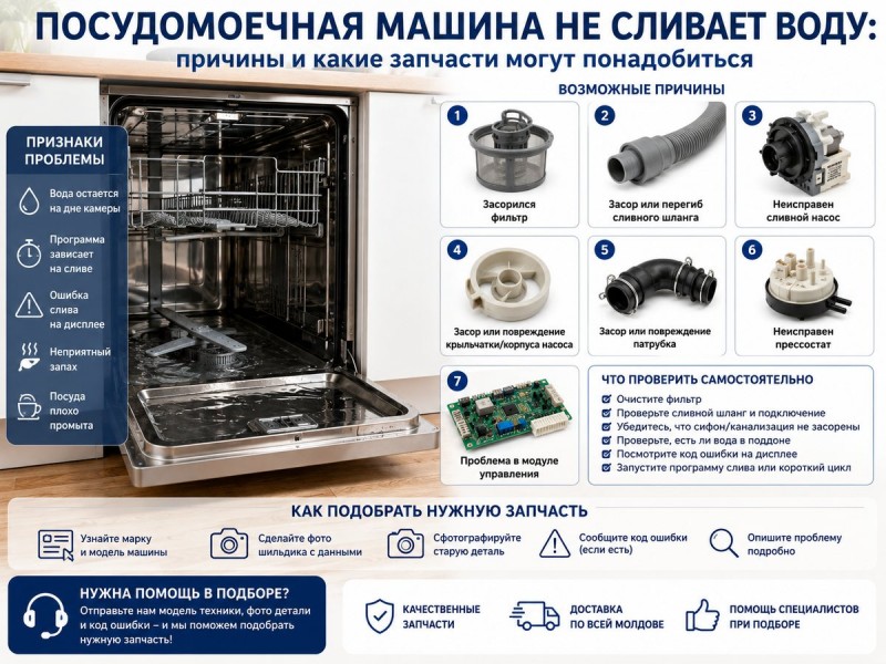 Посудомоечная машина не сливает воду: причины и какие запчасти могут понадобиться
