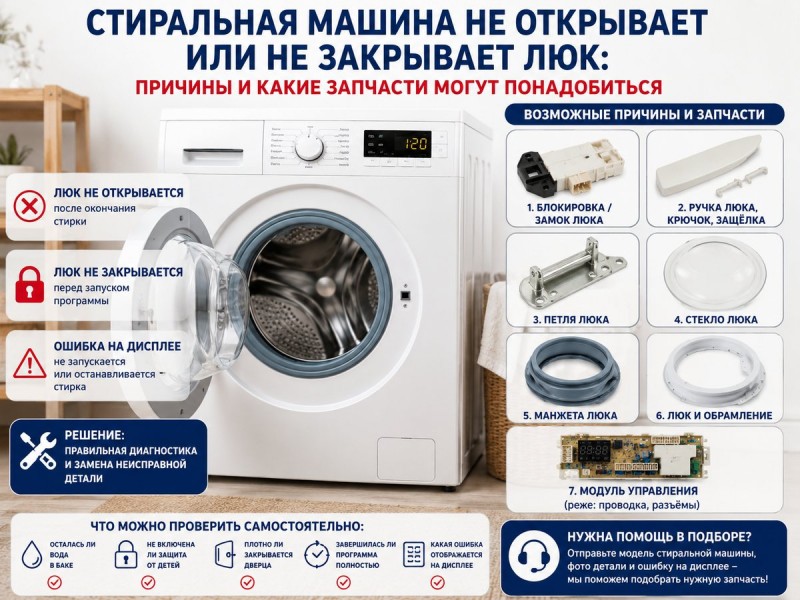 Стиральная машина не открывает или не закрывает люк: причины и какие запчасти могут понадобиться