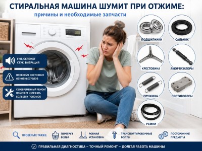 Стиральная машина шумит при отжиме: причины и какие запчасти могут понадобиться