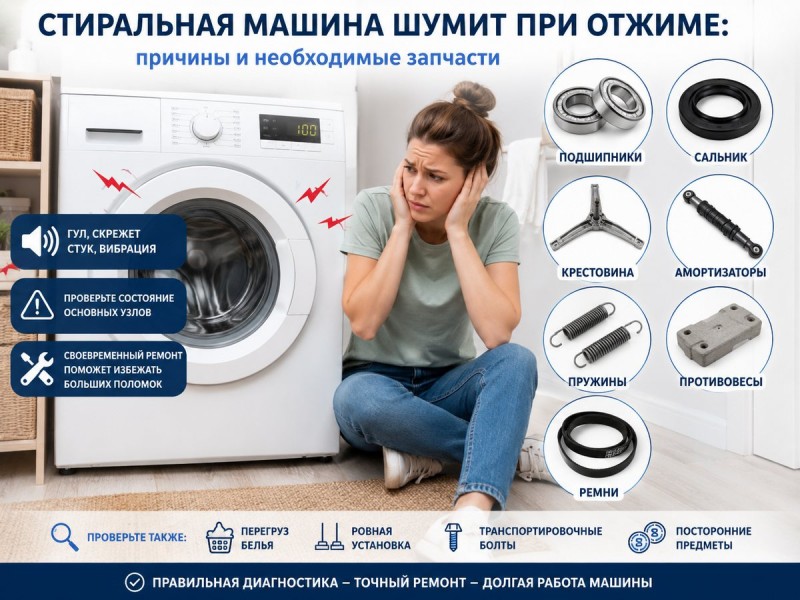Стиральная машина шумит при отжиме: причины и какие запчасти могут понадобиться